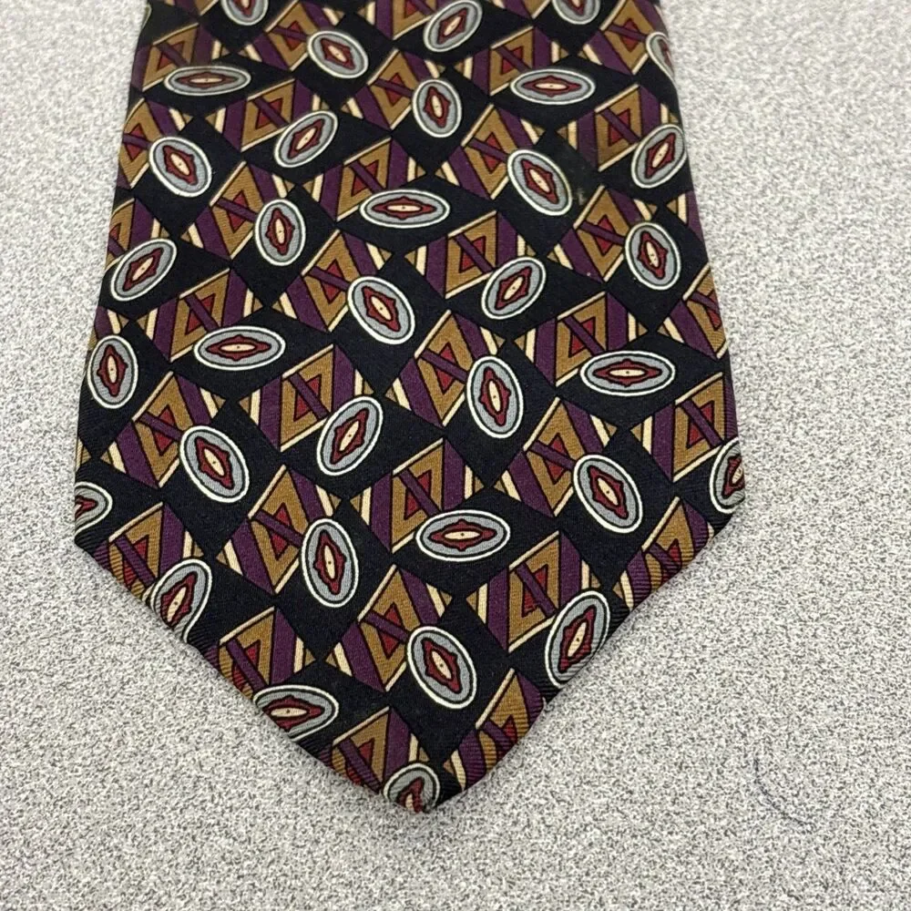 Vintage Sutter & Grant 100% Silk Necktie, Black/Brown/Burgundy Geometric Print